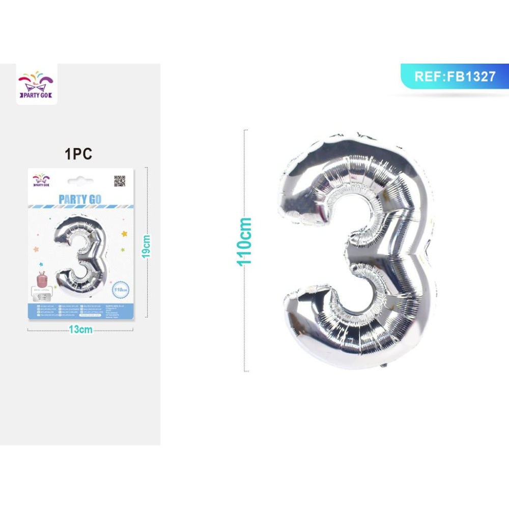 PALLONCINO MYLAR 110CM - NUMERO 3 ARGENTO - 1PZParty Go