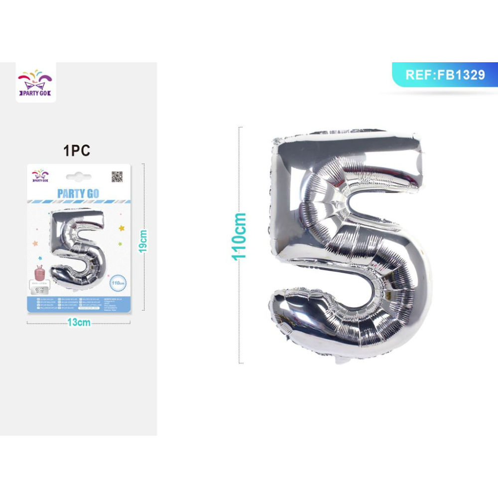 PALLONCINO MYLAR 110CM - NUMERO 5 ARGENTO - 1PZParty Go
