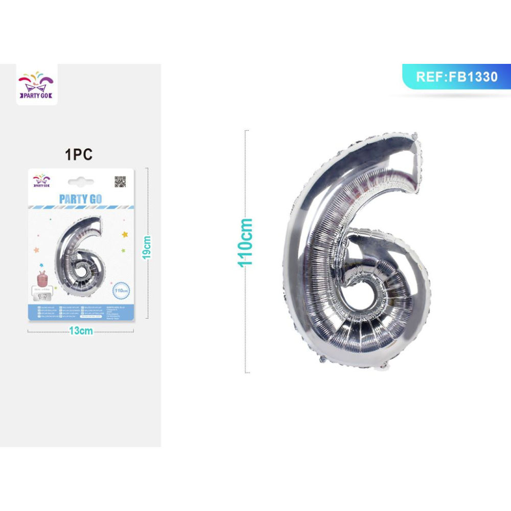 PALLONCINO MYLAR 110CM - NUMERO 6 ARGENTO - 1PZParty Go