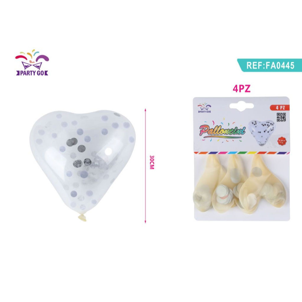 PALLONCINI A CUORE CON PAILLETTES ARGENTO - 4PZParty Go