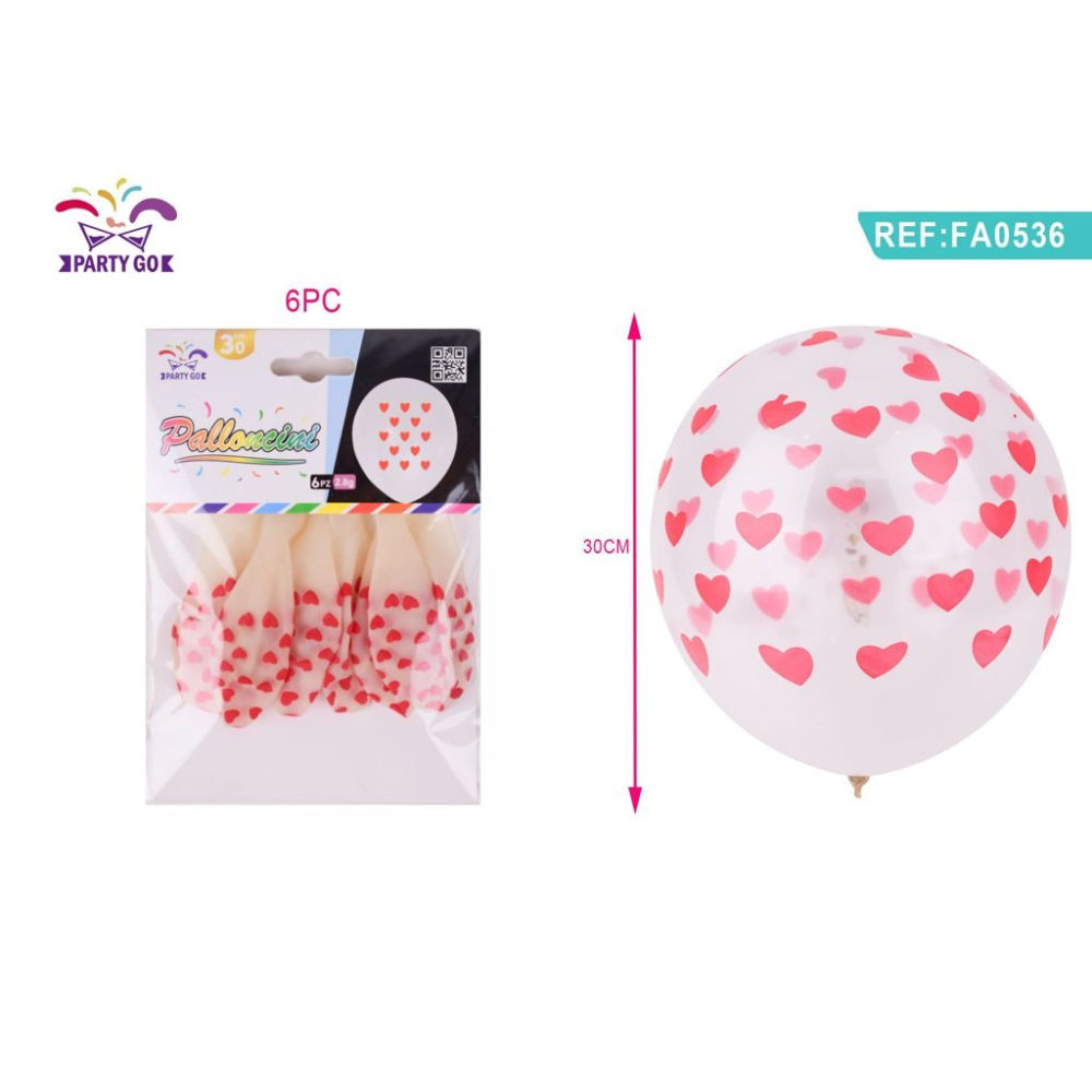 PALLONCINI FLUO DOPPIO STRATO TRASPARENTE CUORI - 6PZParty Go
