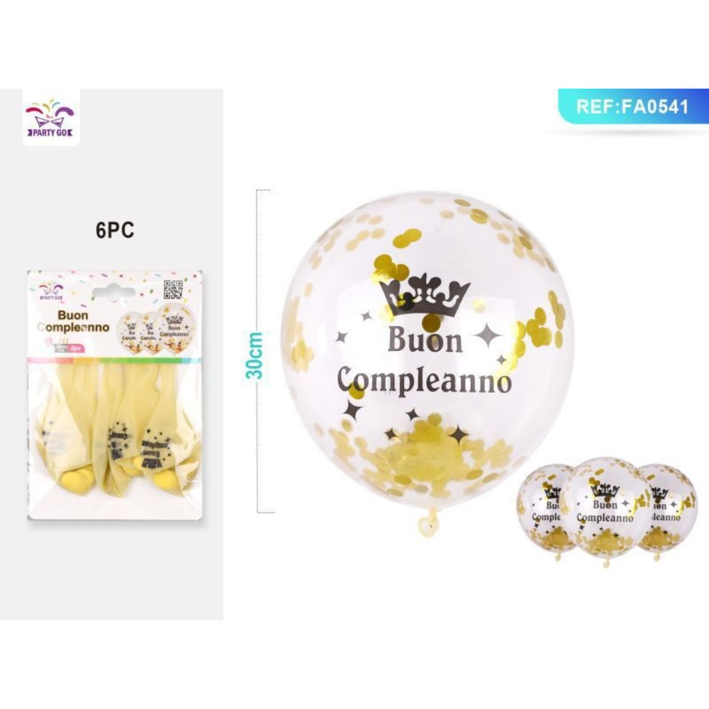 PALLONCINI CON PAILLETTES ORO - BUON COMPLEANNO 6PZParty Go