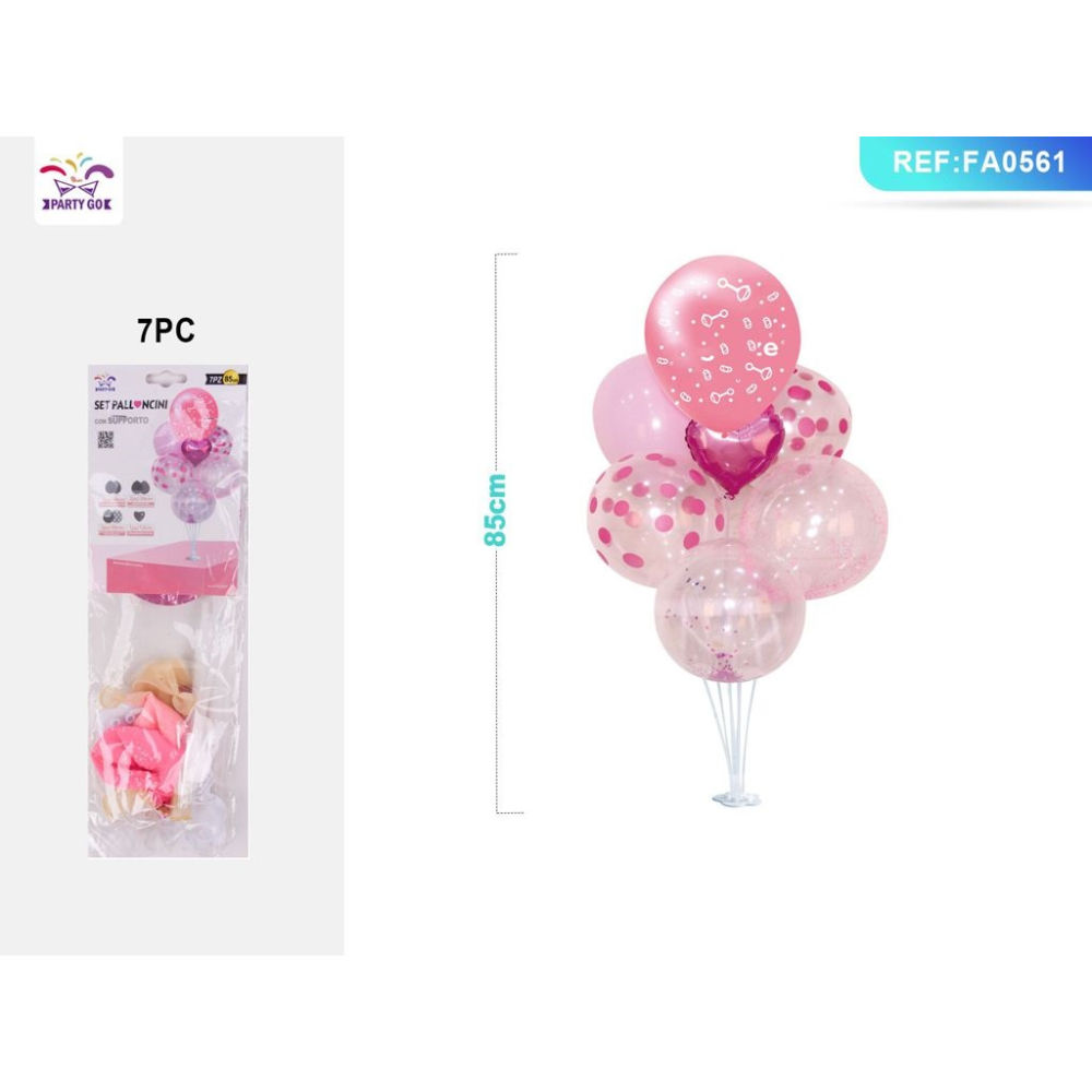 SET PALLONCINI CON BASE 85CM - CUORE ROSA - 7PZParty Go
