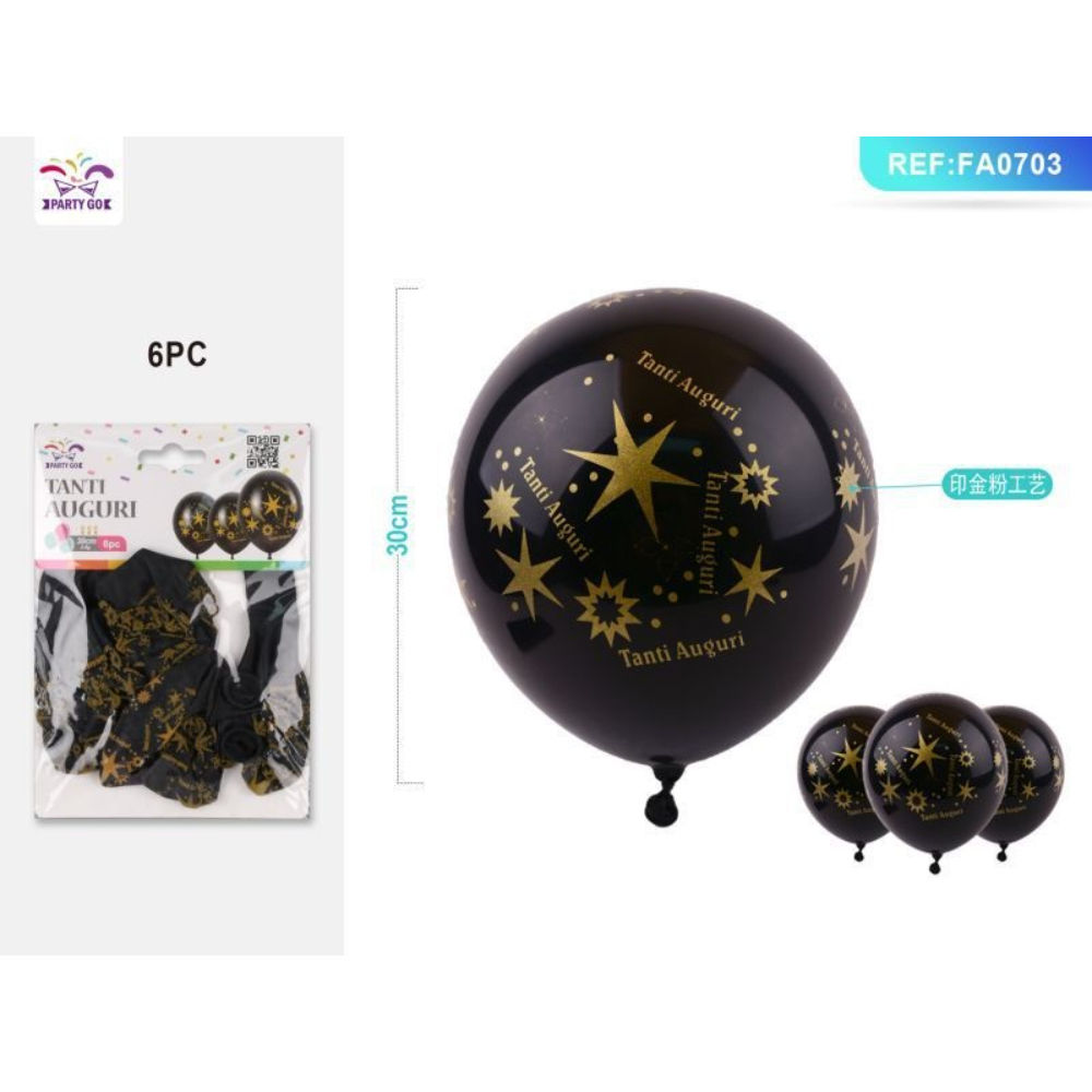 PALLONCINI NERI - TANTI AUGURI CON STELLE - 6PZParty Go