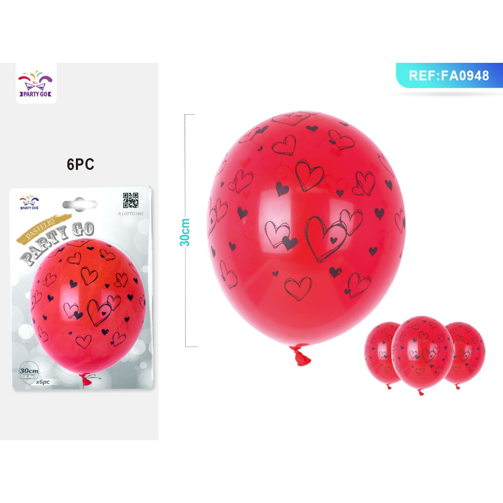 PALLONCINI ROSSI CON CUORI NERI - 6PZParty Go