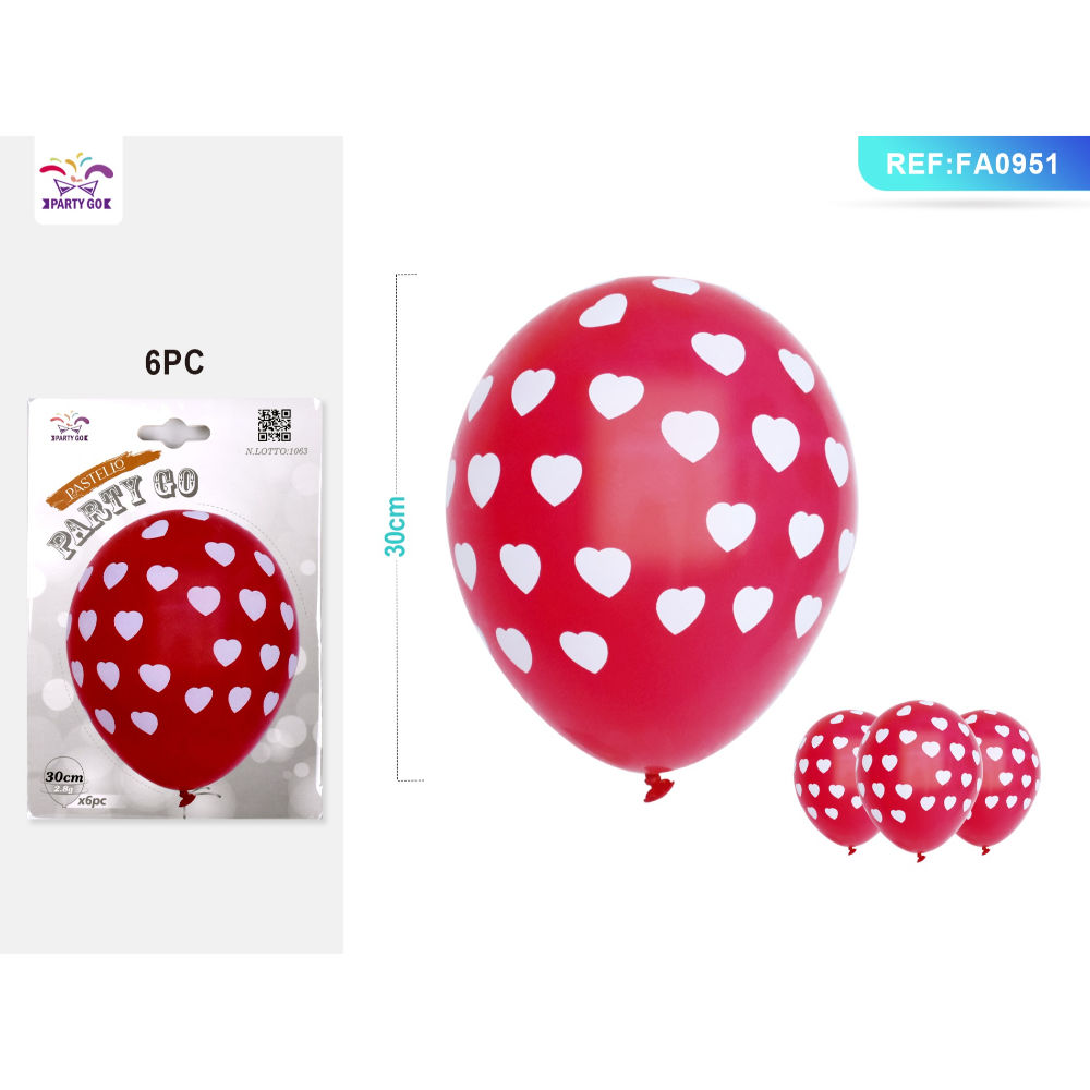 PALLONCINI ROSSI CON CUORI BIANCHI - 6PZParty Go