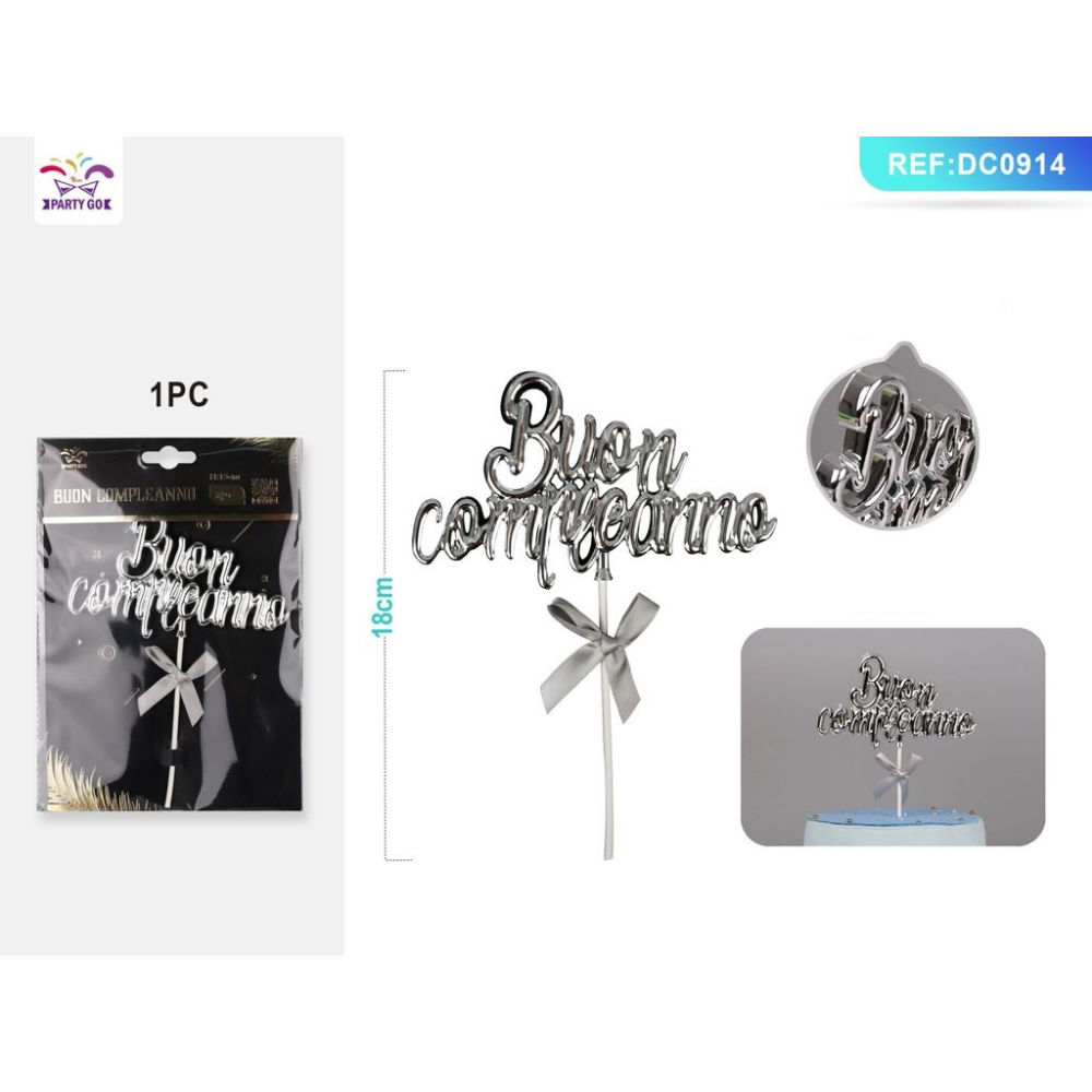 TOPPER PER TORTA 3D - BUON COMPLEANNO ARGENTO - 1PZParty Go