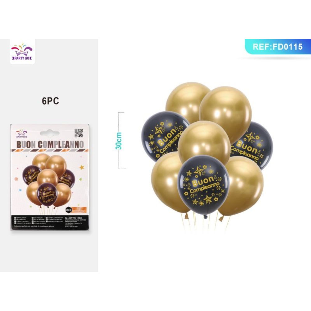SET PALLONCINI CON STELLE - BUON COMPLEANNO NERO ORO - 6PZParty Go