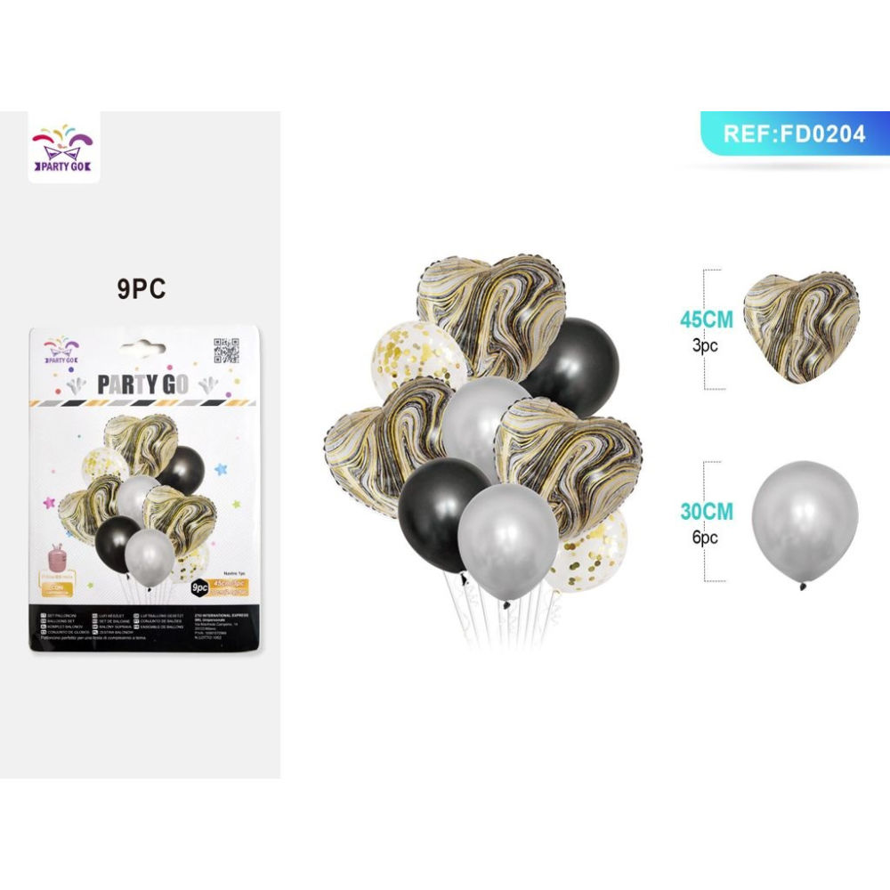 SET PALLONCINI MYLAR A CUORE - AGATA NERO - 9PZParty Go