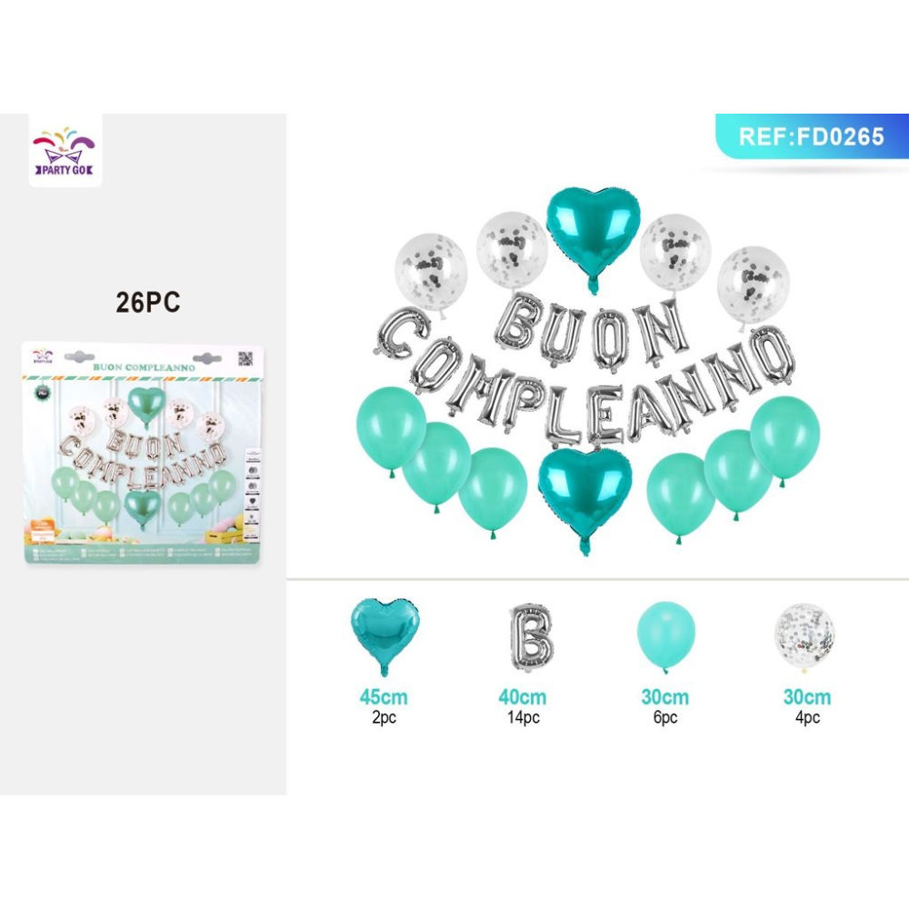 SET PALLONCINI BUON COMPLEANNO - ARGENTO & AZZURRO 26PZParty Go