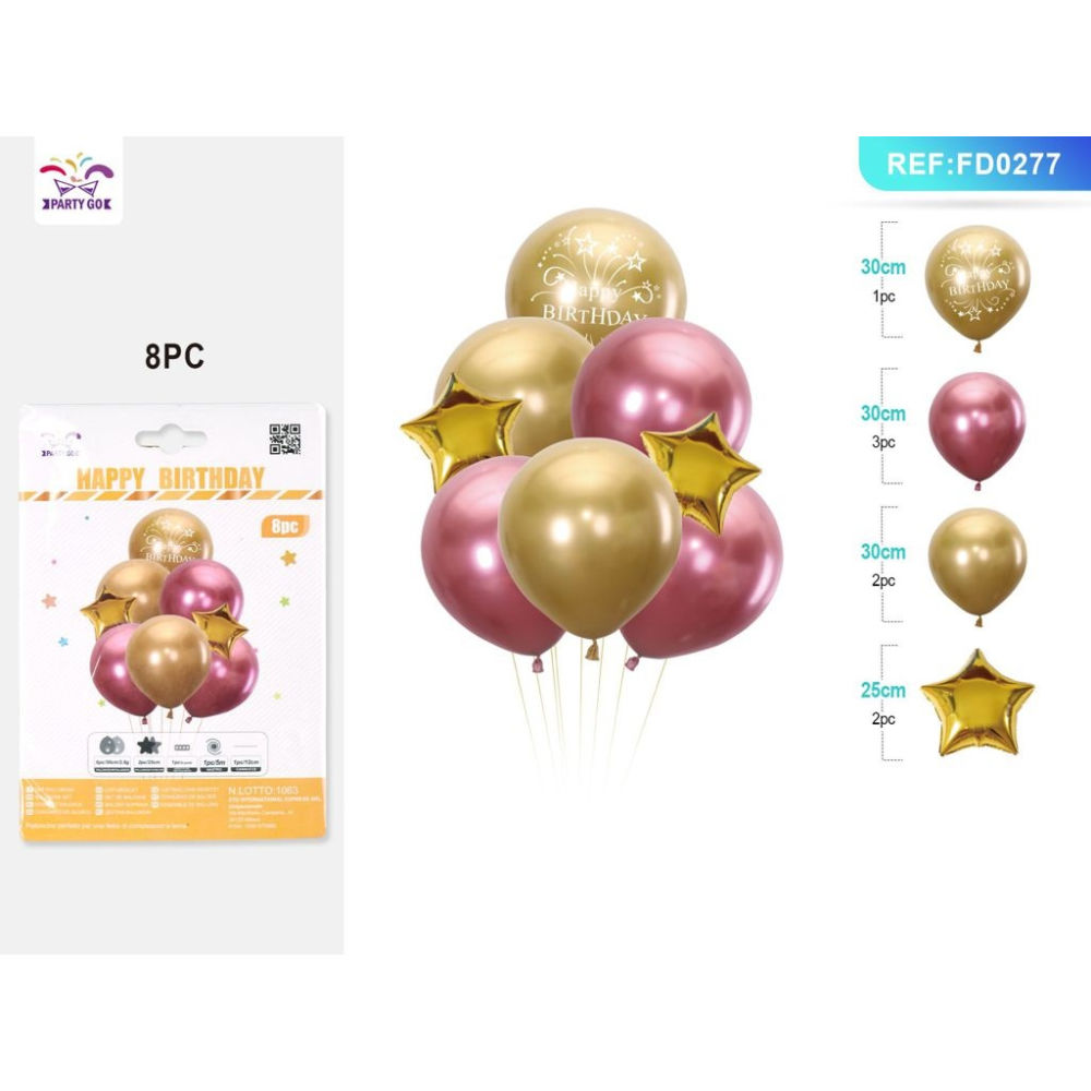 SET DI PALLONCINO - HAPPY BIRTHDAY ORO & ROSA - 8PZParty Go