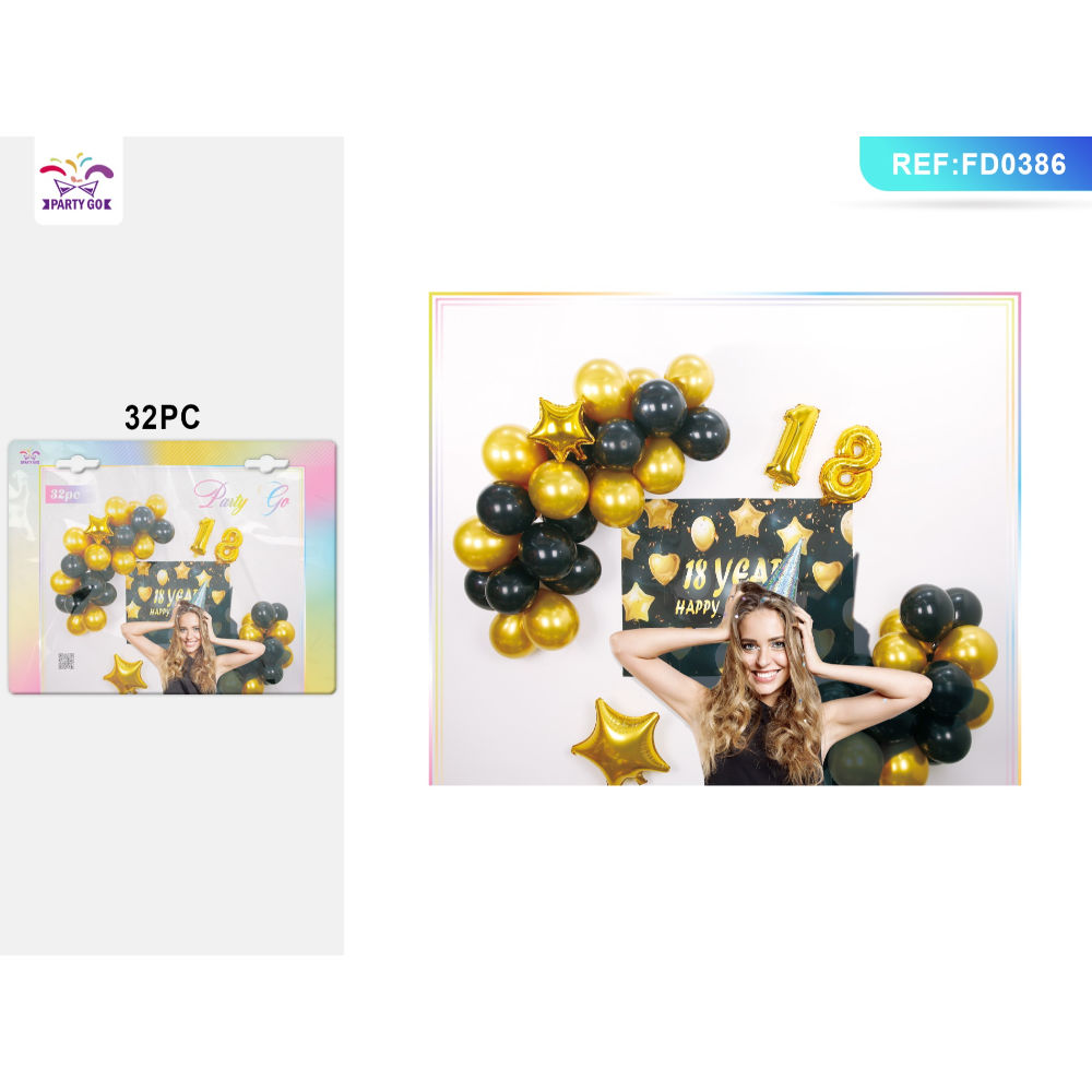 SET PALLONCINI - HAPPY BIRTHDAY 18 YEARS NERO & ORO - 32PZParty Go