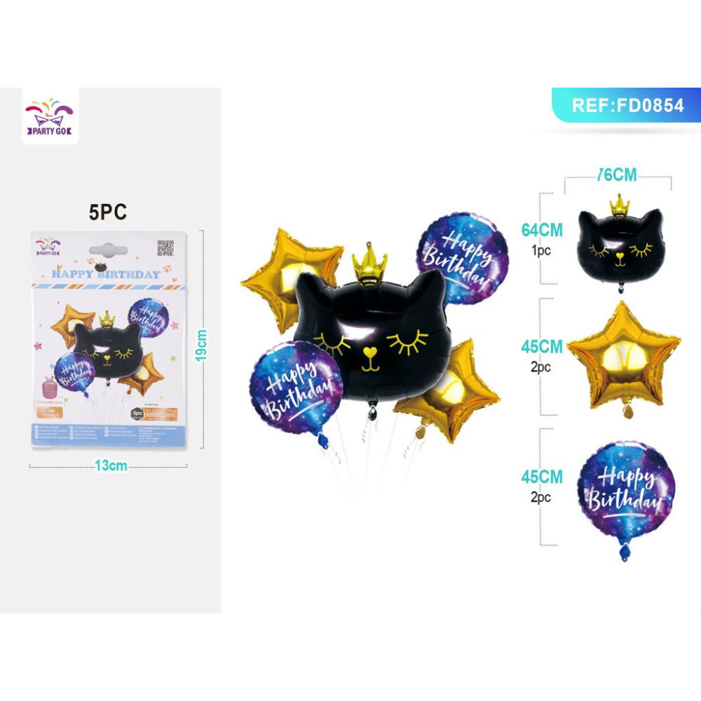 SET PALLONCINI MYLAR - GATTO CON STELLE - 5PZParty Go