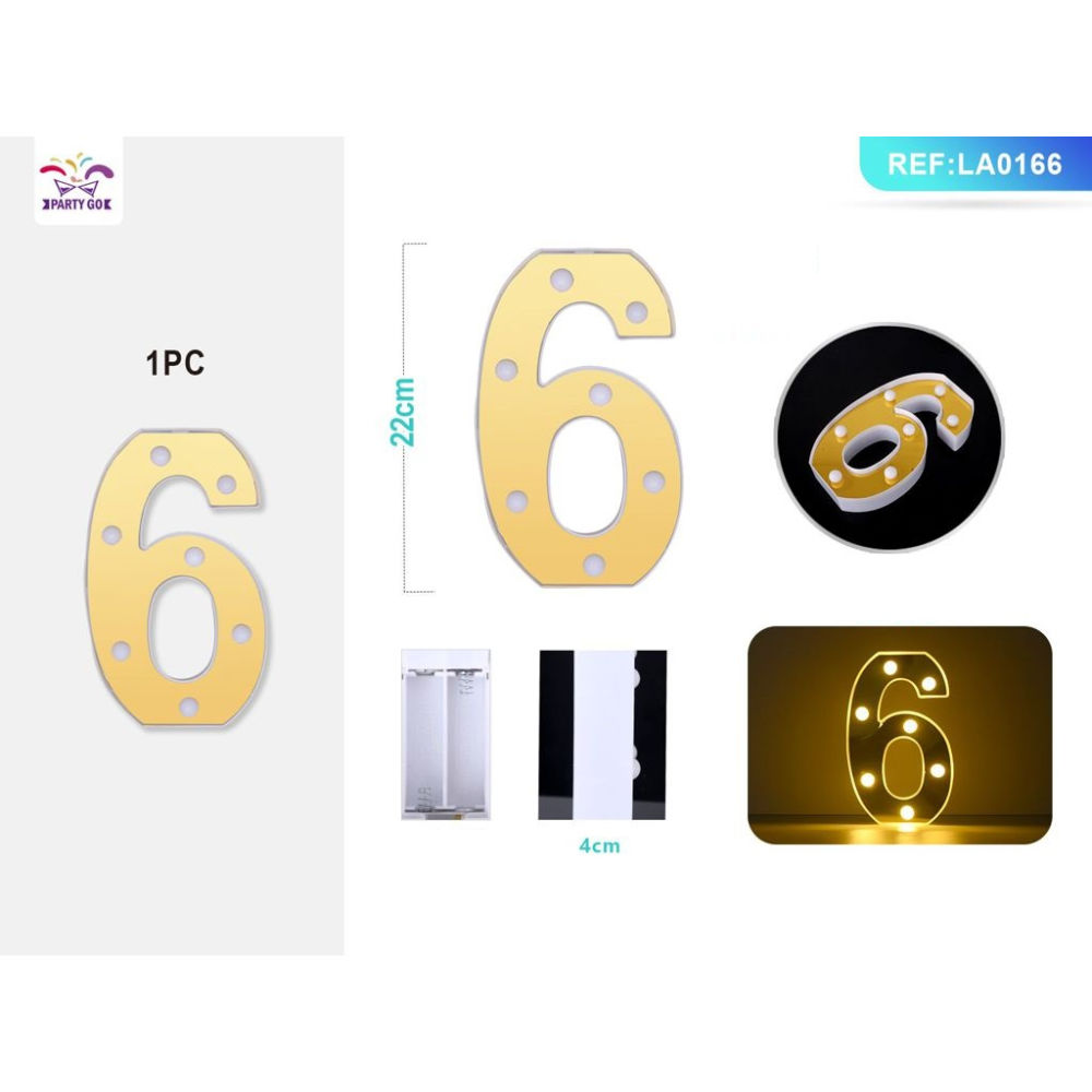 DECORAZIONE LUMINOSA - NUMERO 6 ORO - 1PZParty Go