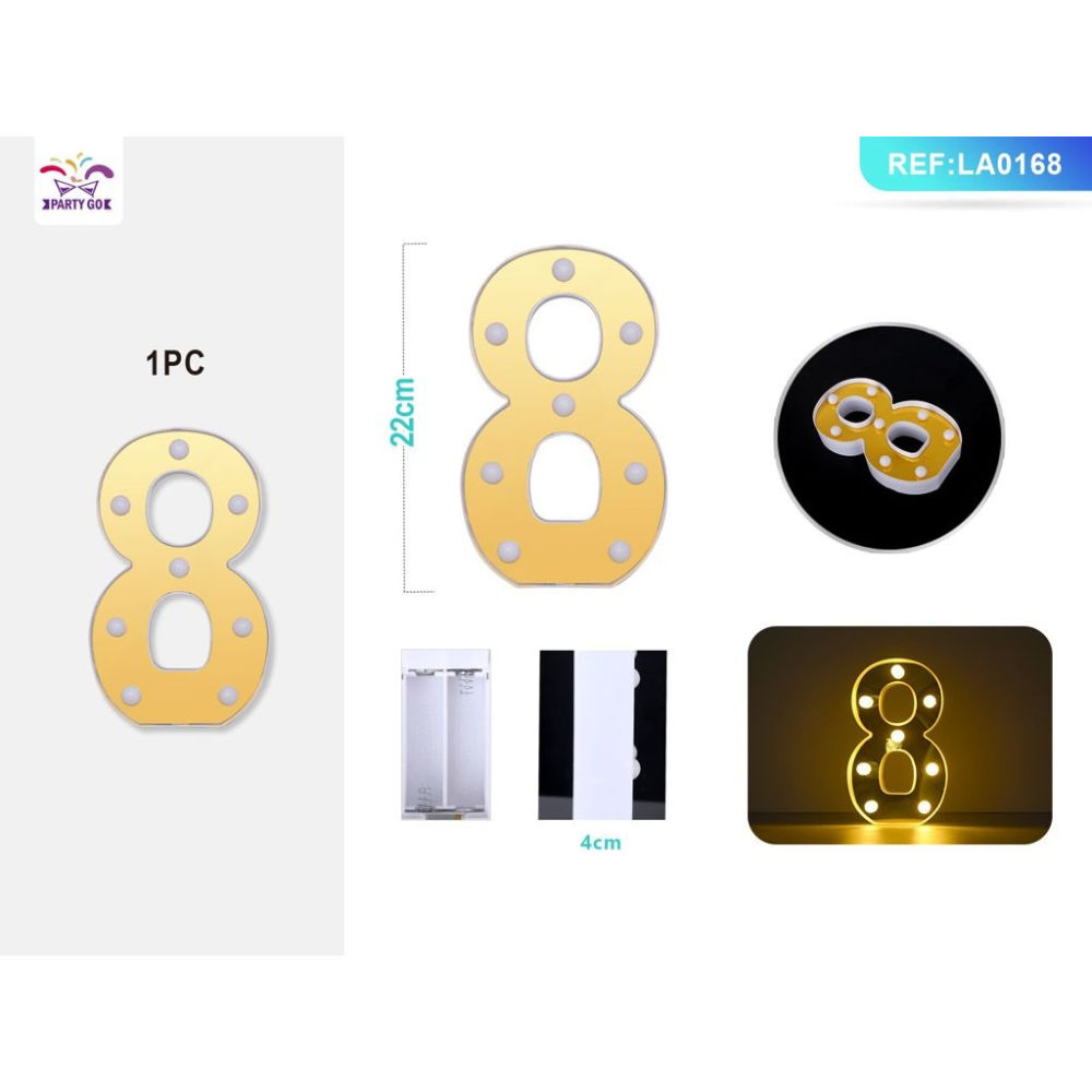 DECORAZIONE LUMINOSA - NUMERO 8 ORO - 1PZParty Go