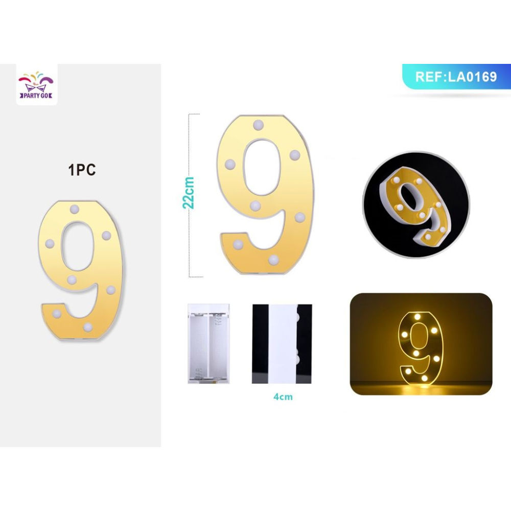 DECORAZIONE LUMINOSA - NUMERO 9 ORO - 1PZParty Go
