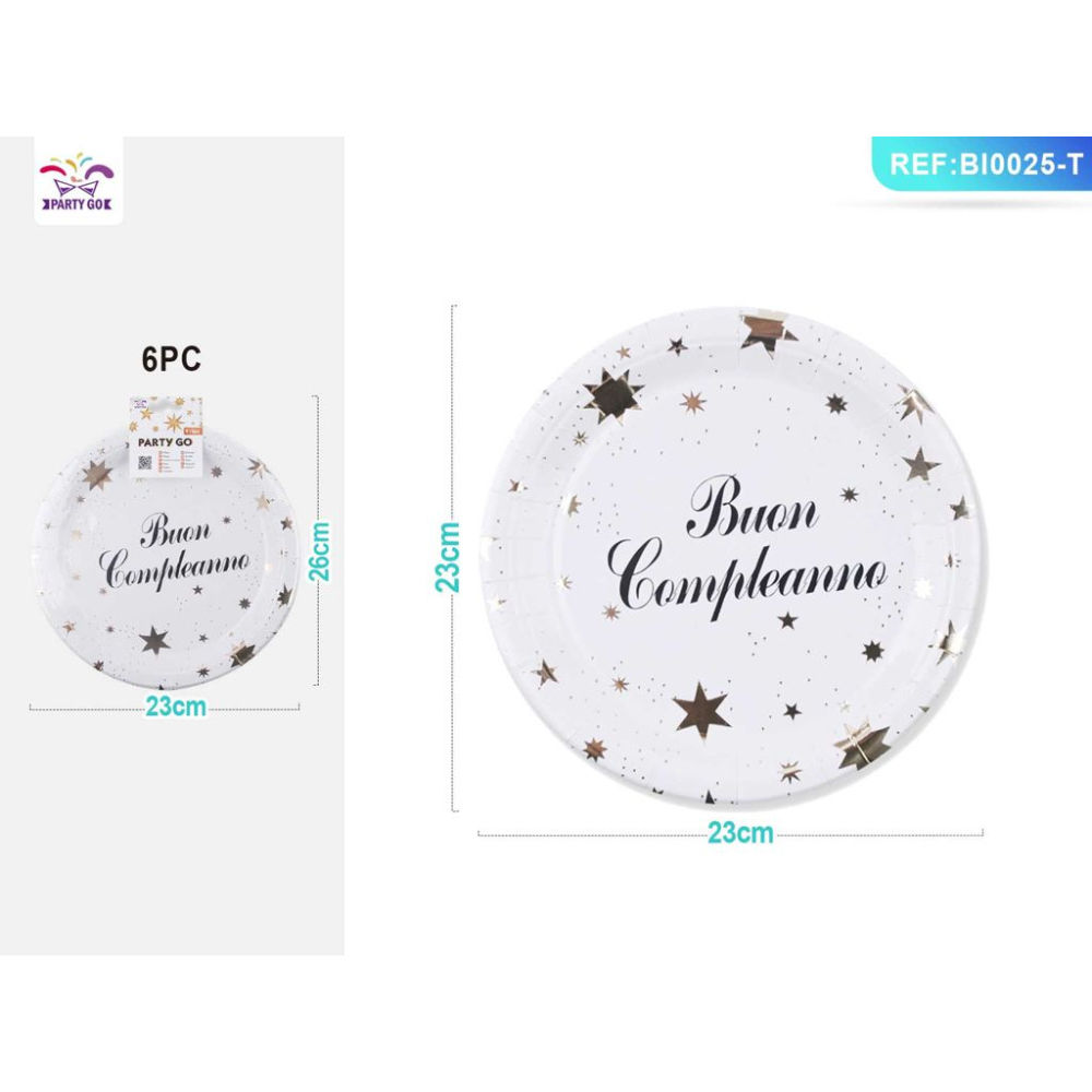PIATTI CON STELLE - BUON COMPLEANNO BIANCO 23CM - 6PZParty Go