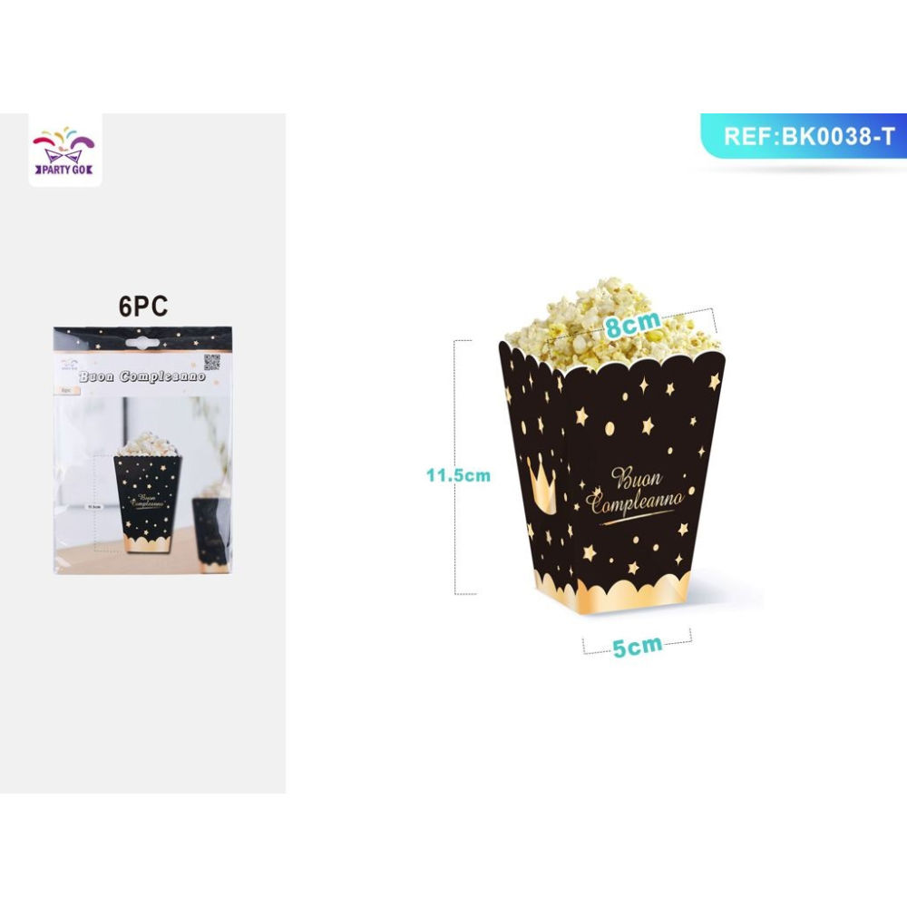 SCATOLE POP CORN - BUON COMPLEANNO NERO & ORO - 6PZParty Go
