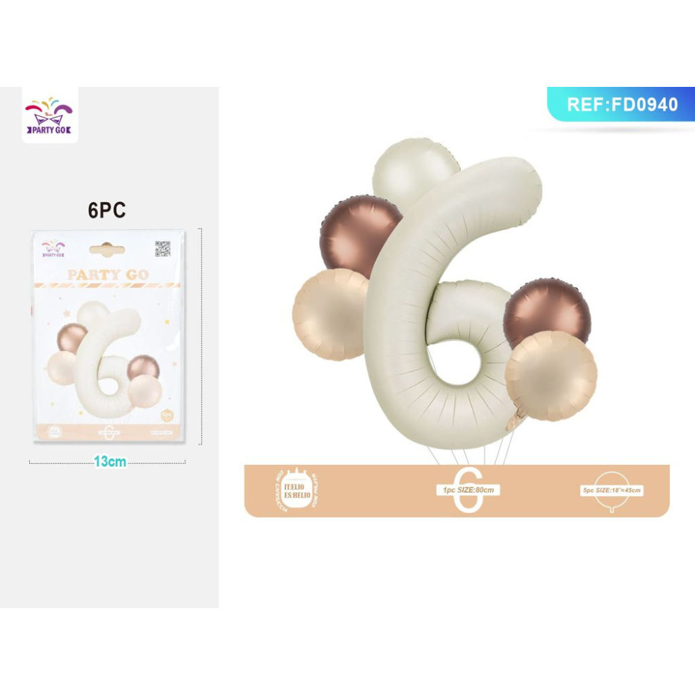 SET PALLONCINI MYLAR - NUMERO 6 COLOR CREMA - 80CMParty Go