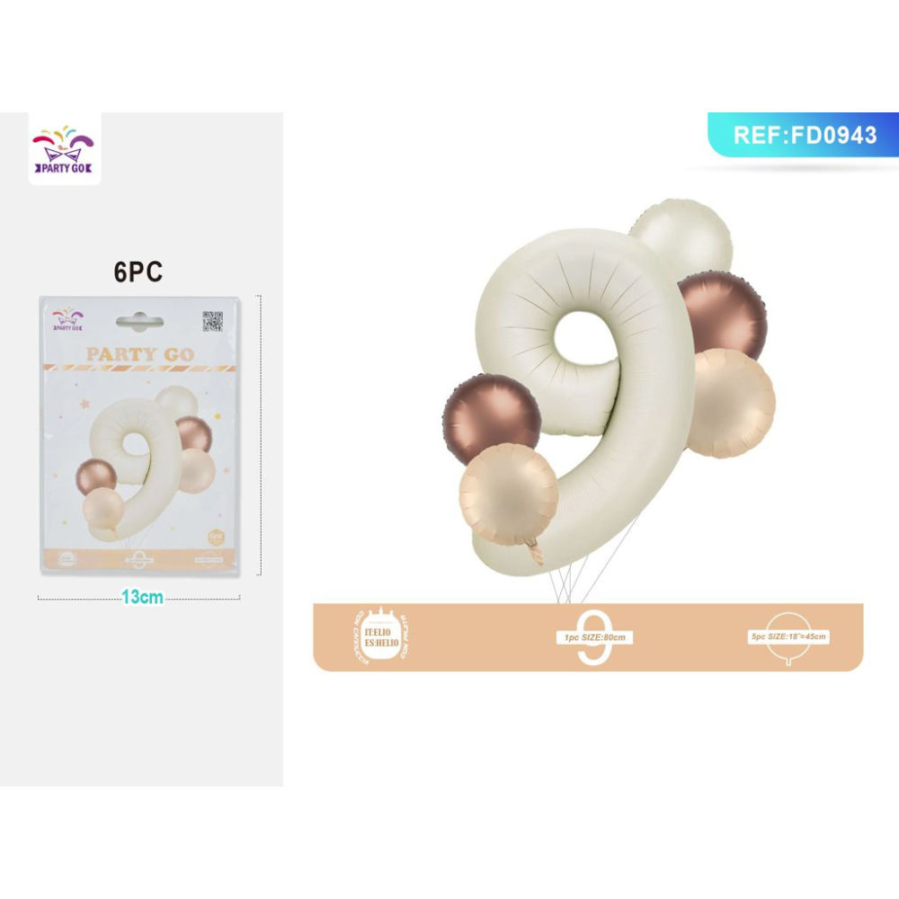 SET PALLONCINI MYLAR - NUMERO 9 COLOR CREMA - 115CMParty Go