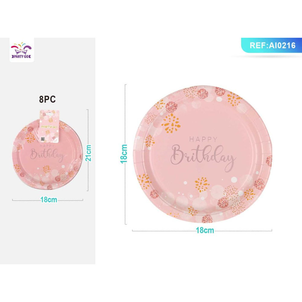 PIATTI MONOUSO - HAPPY BIRTHDAY ROSA 18CM - 8PZParty Go