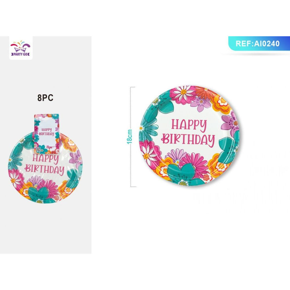 PIATTI CON FIORI - HAPPY BIRTHDAY 18CM - 8PZParty Go