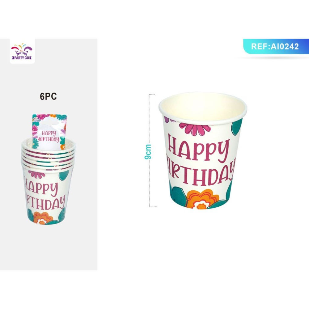 BICCHIERI MONOUSO CON FIORI - HAPPY BIRTHDAY - 6PZParty Go