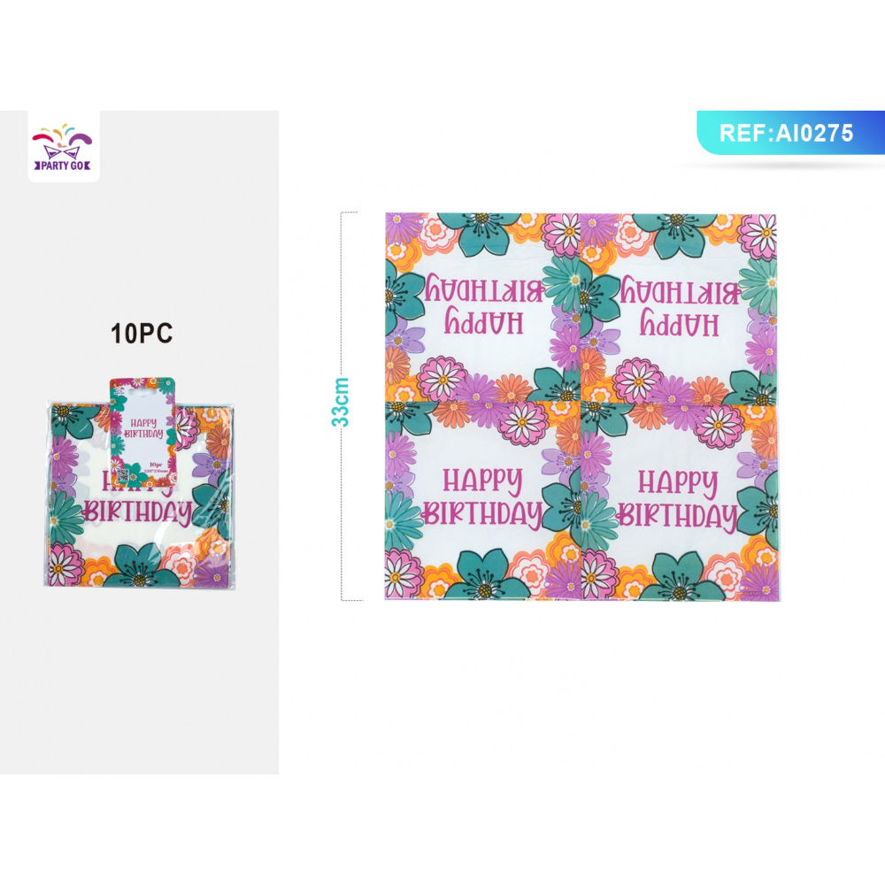 TOVAGLIOLI CON FIORI - HAPPY BIRTHDAY 33CM - 10PZParty Go