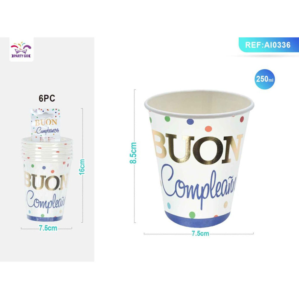 BICCHIERI MONOUSO A POIS - BUON COMPLENNO BLU - 6PZParty Go