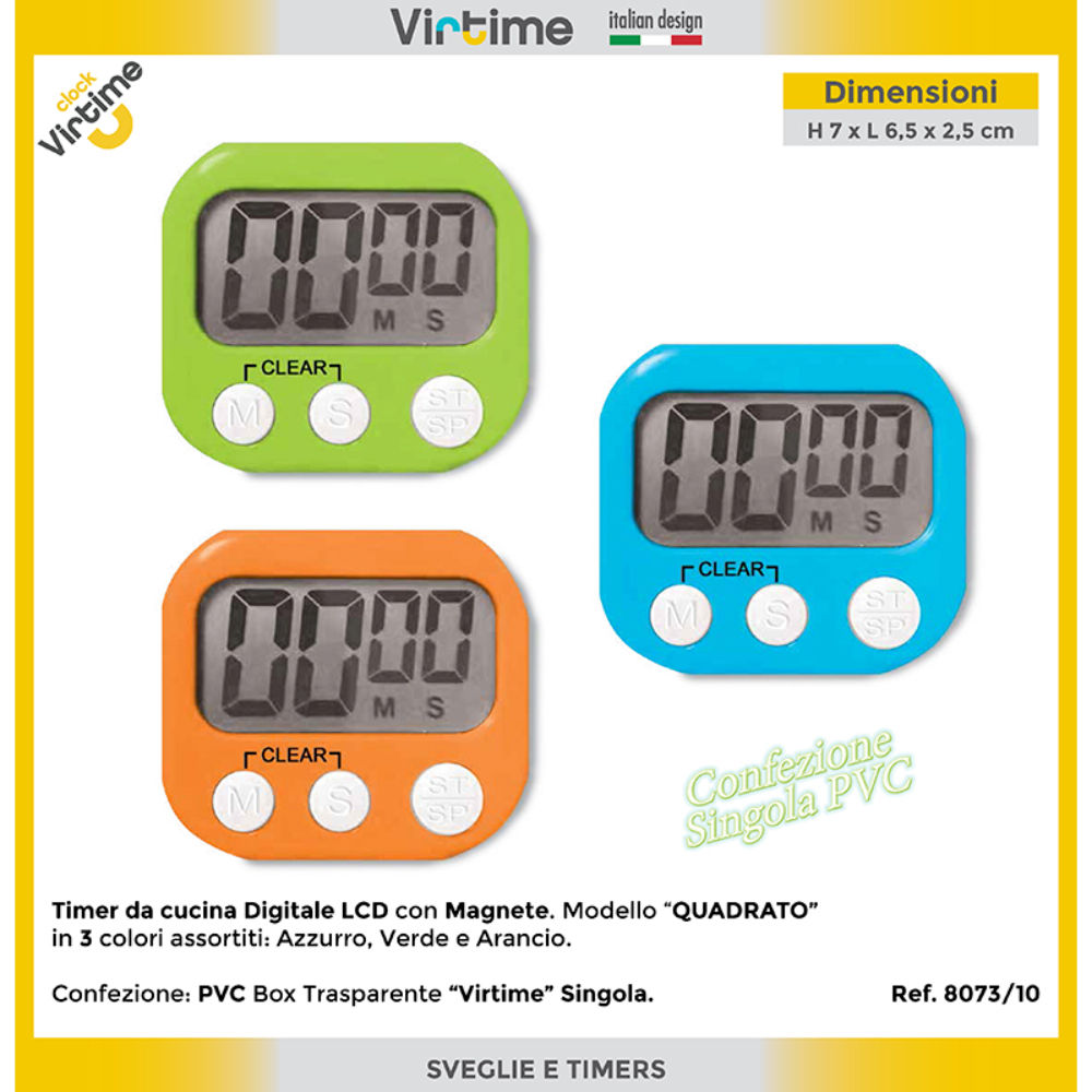 TIMER CUCINA LCD QUADRATO CON MAGNETE 3 COL, ASS,Virtime