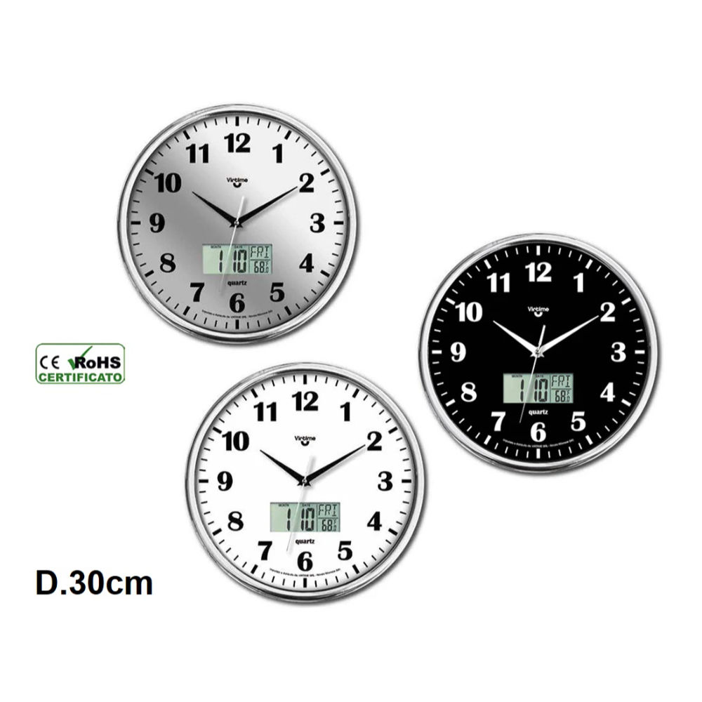 Orologio da Parete Cromato + LCD  - Ø30cmVirtime