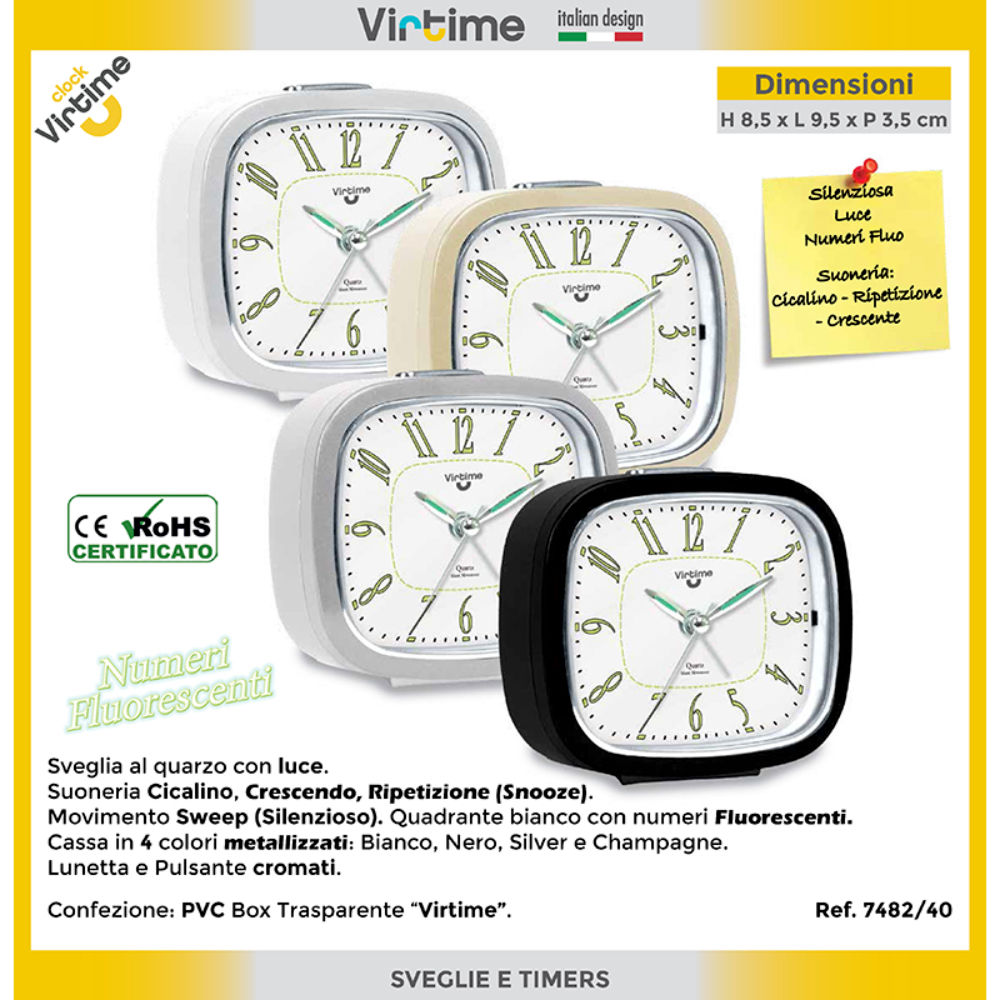 SVEGLI AL QUARZO QUADRATA NUMERI FLUO + LUCE - 8,8x9,5CMVirtime