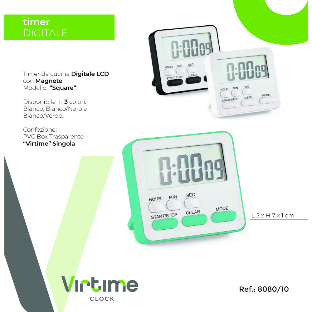 TIMER CUCINA LCD SQUARE C/MAGNETE 3 COL, ASSORT,Virtime
