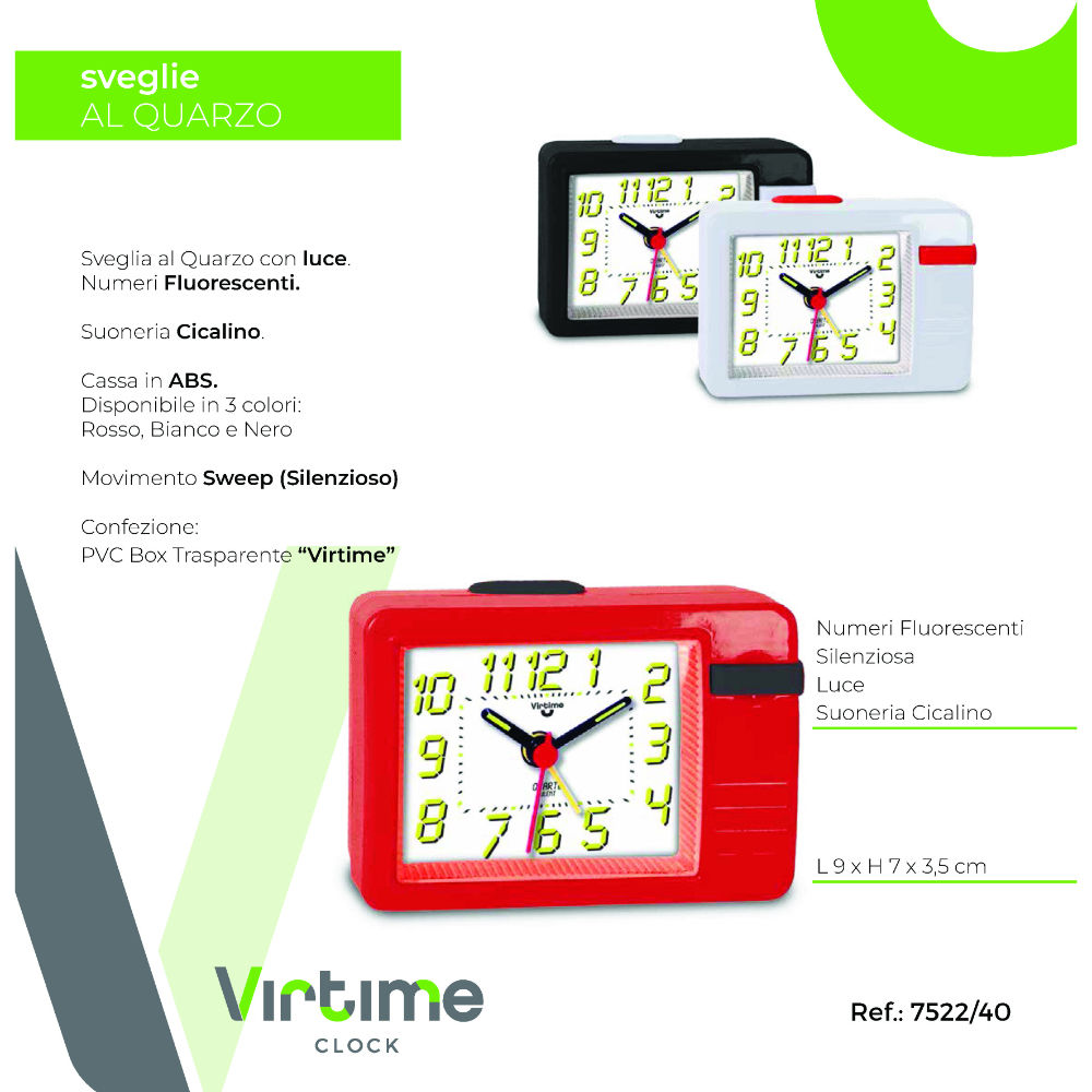 SVEGLI AL QUARZO QUADRATA NUMERI FLUO + LUCE - 9x7CMVirtime
