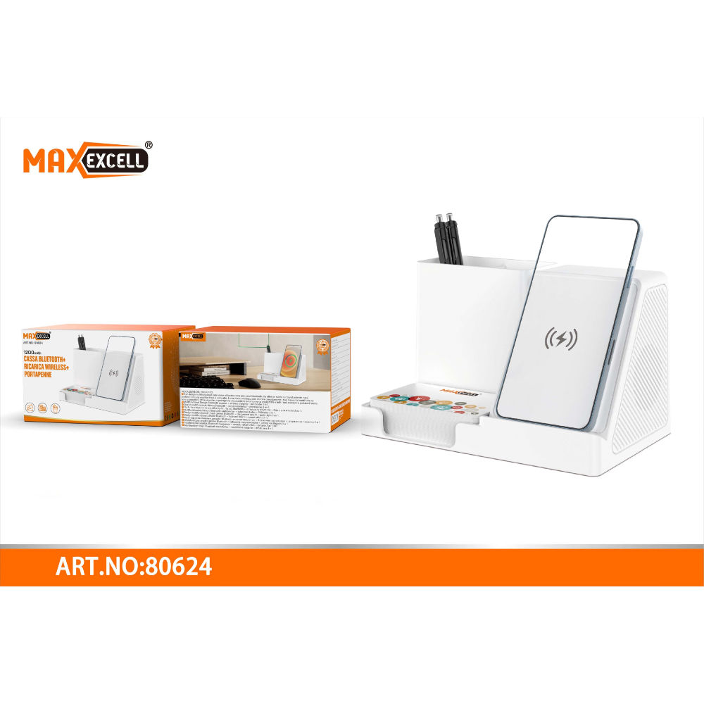 CASSA BLUETOOTH + RICARICA WIRELESS + PORTAPENNEMaxexcell