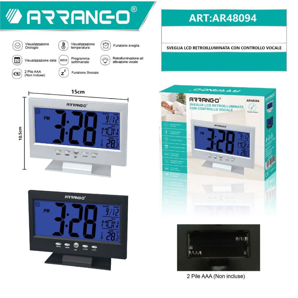 SVEGLIA LCD RETROILLUMINATA + CONTROLLO VOCALEArrango