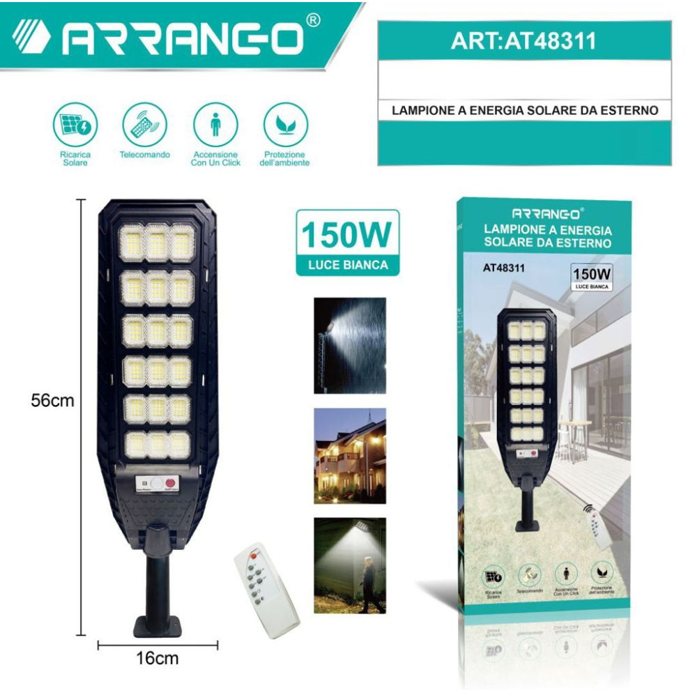 Lampione Solare Luce Bianca 150W con Telecomando - 16x56cmArrango