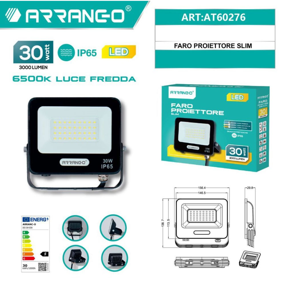 Faro Proiettore Slim LED 30W 6500K - AT60276Arrango