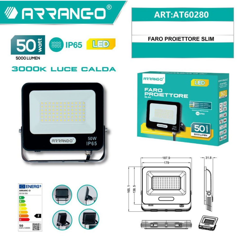 Faro Proiettore Slim 3000k - 50WArrango