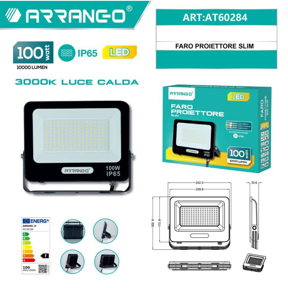 Faro Proiettore Slim LED 100W 3000K - AT60284Arrango