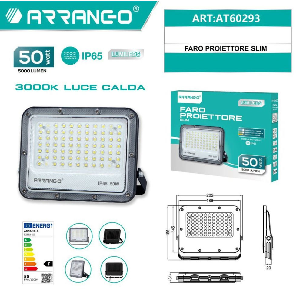 Faro Proiettore Slim LED 50W 3000K - AT60293Arrango