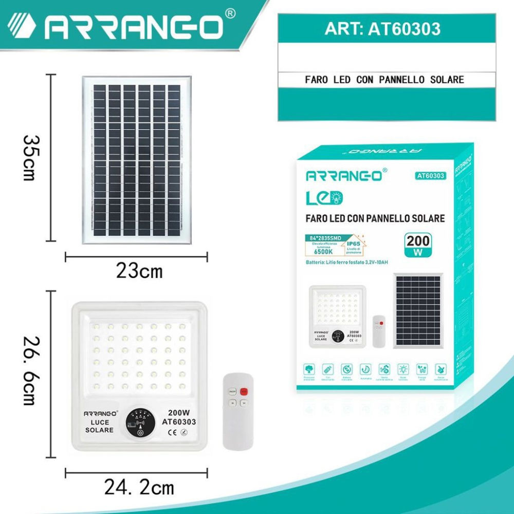 Faro LED con Pannello Solare 200W 6500K - AT60303Arrango