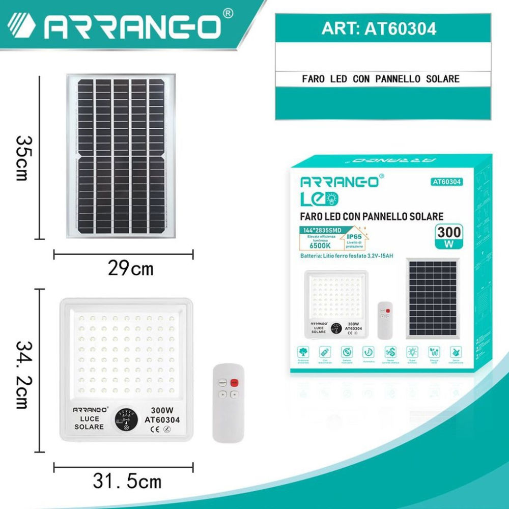 Faro LED con Pannello Solare 300W 6500K - AT60304Arrango