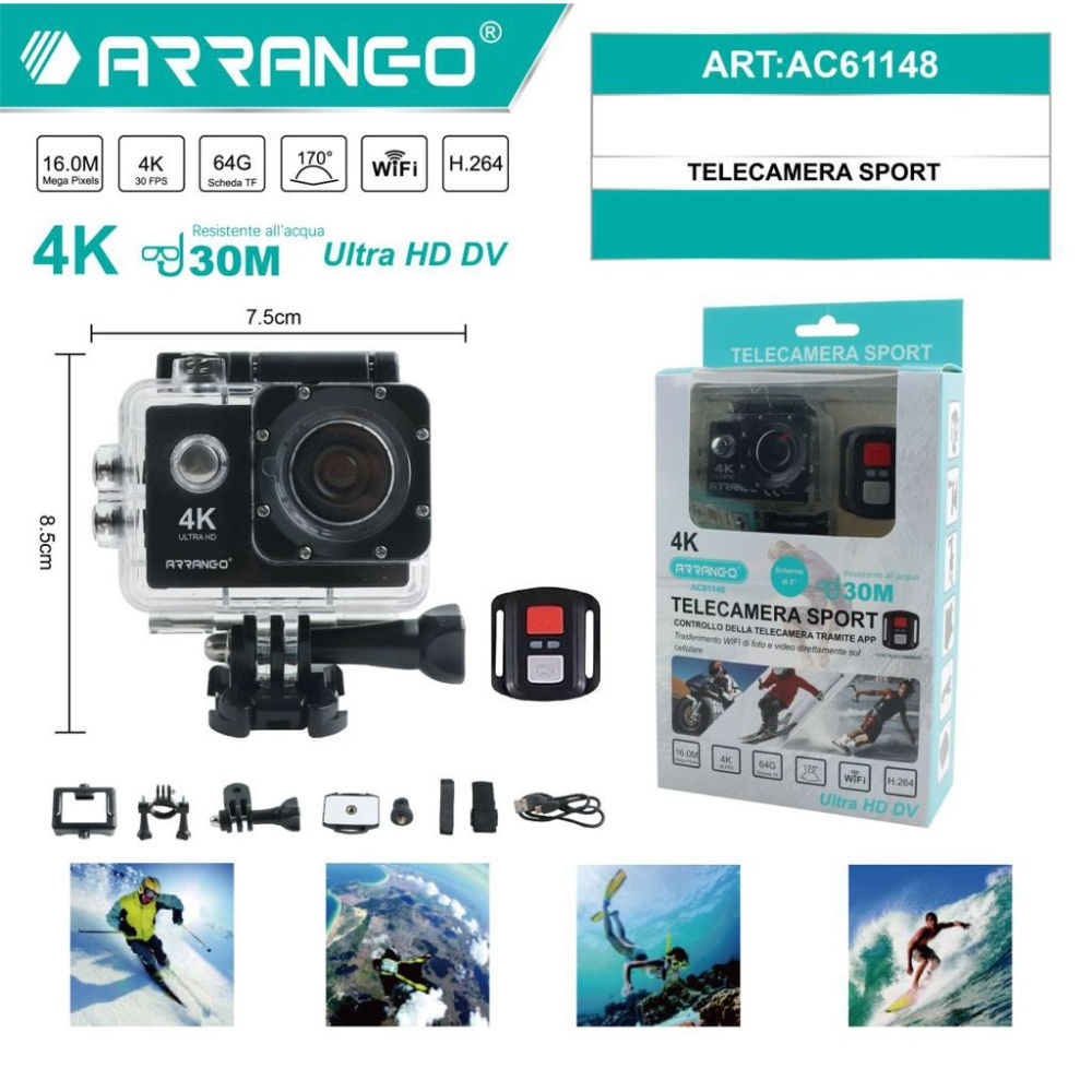 Telecamera Sport Ultra HD 4K con Telecomando - AC61148Arrango