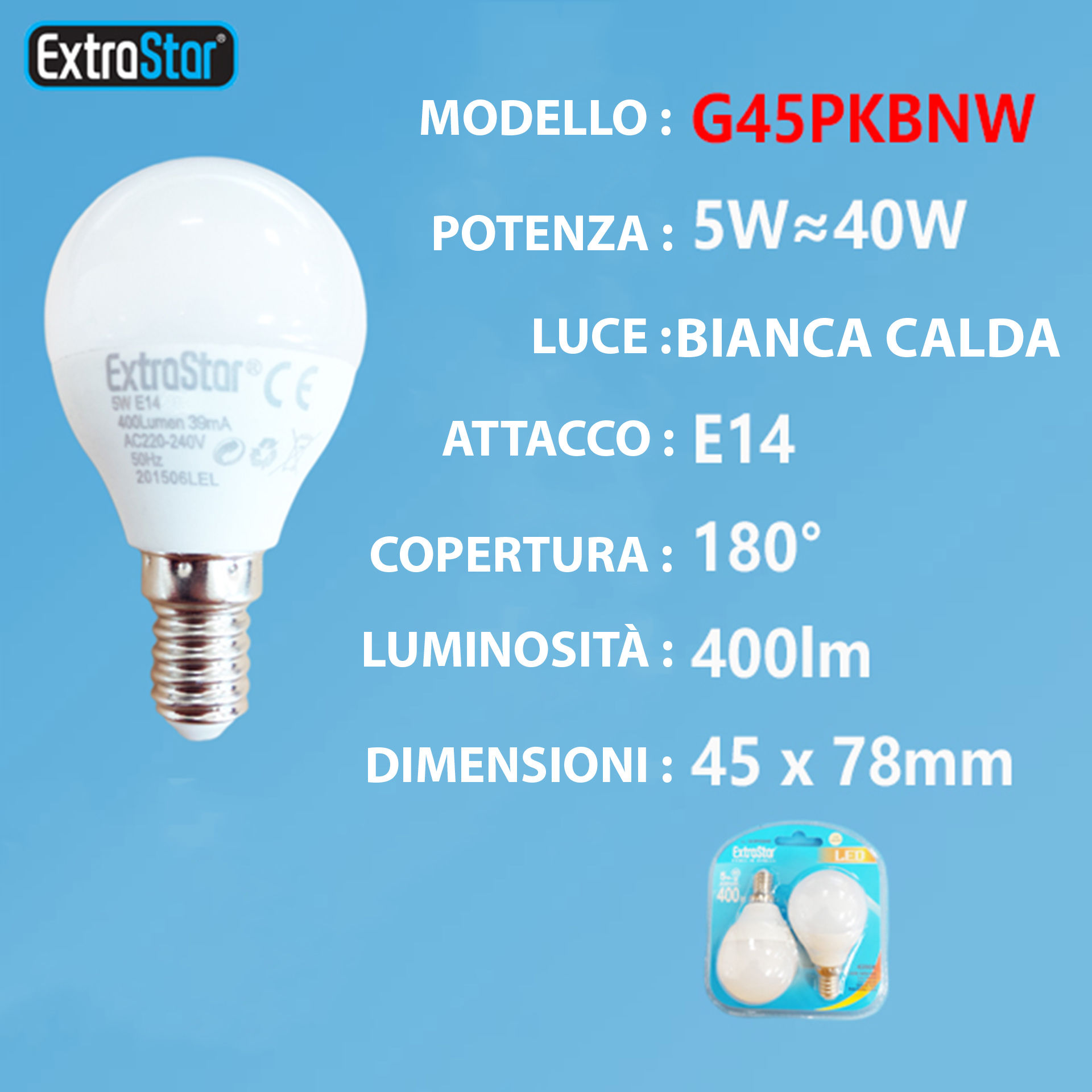 LAMPADINA LED E14 5W 400LM  2PZ LUCE NATURALEExtrastar