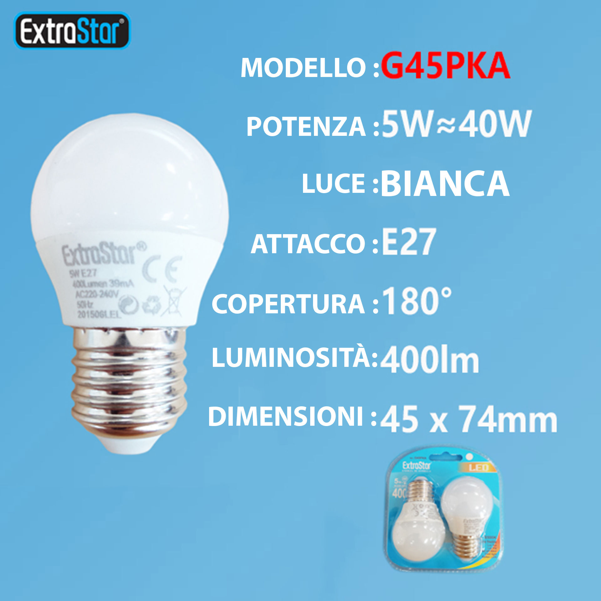 LAMPADINA LED E27 5W 400LM  2PZ LUCE FREDDAExtrastar