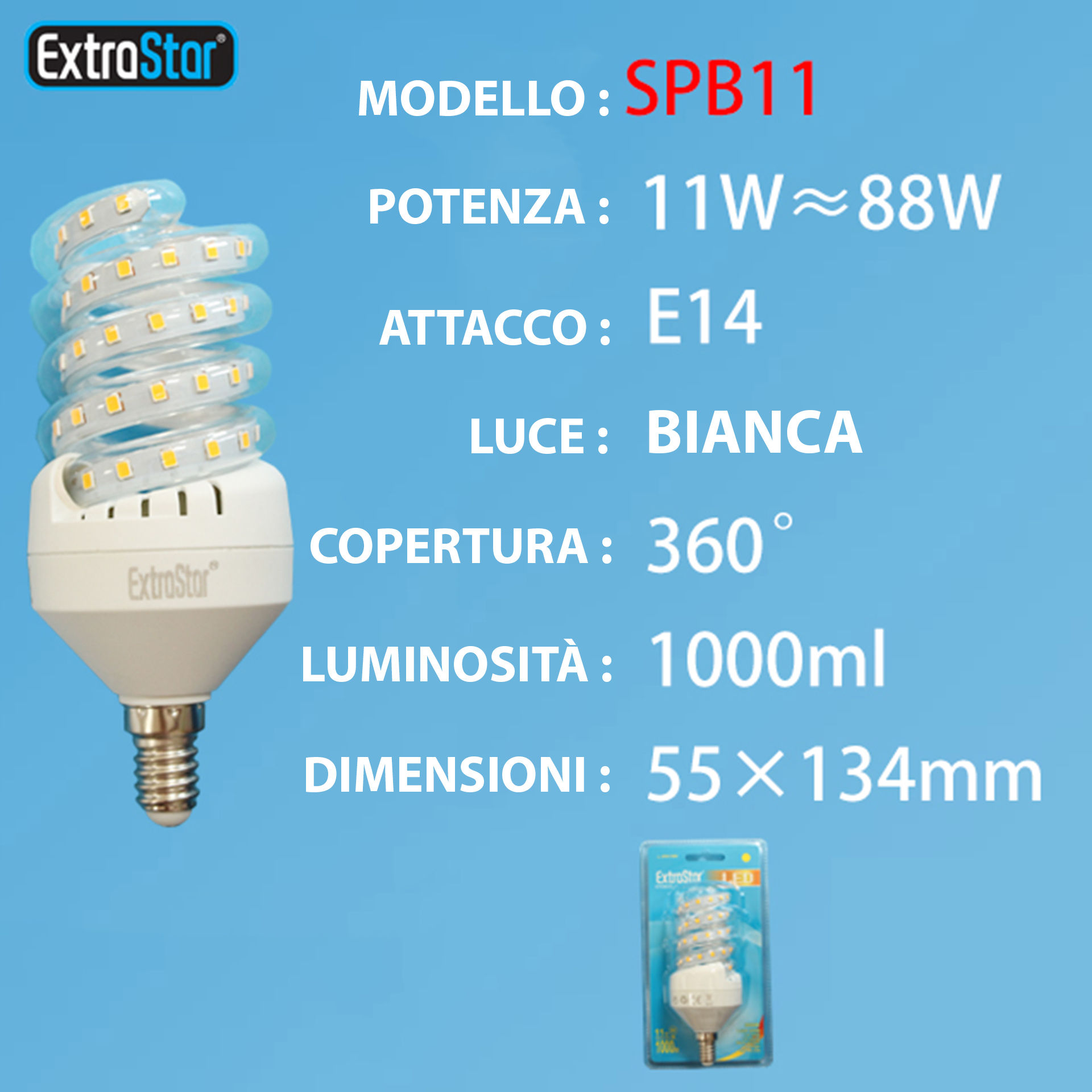 LAMPADINA LED SPIRALE E14 11W 1000LM LUCE FREDDAExtrastar