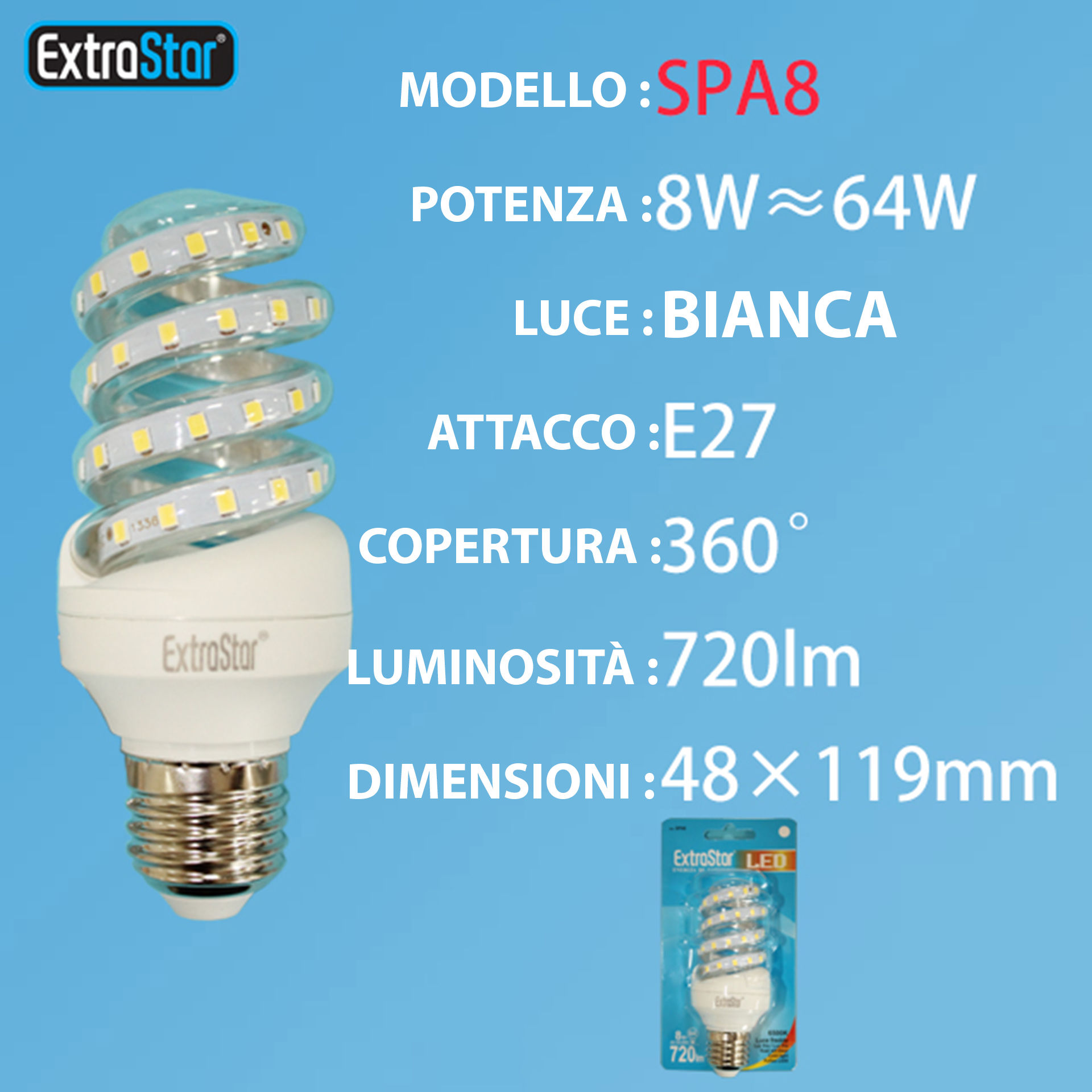 LAMPADINA LED SPIRALE E27 8W 720LM LUCE FREDDAExtrastar