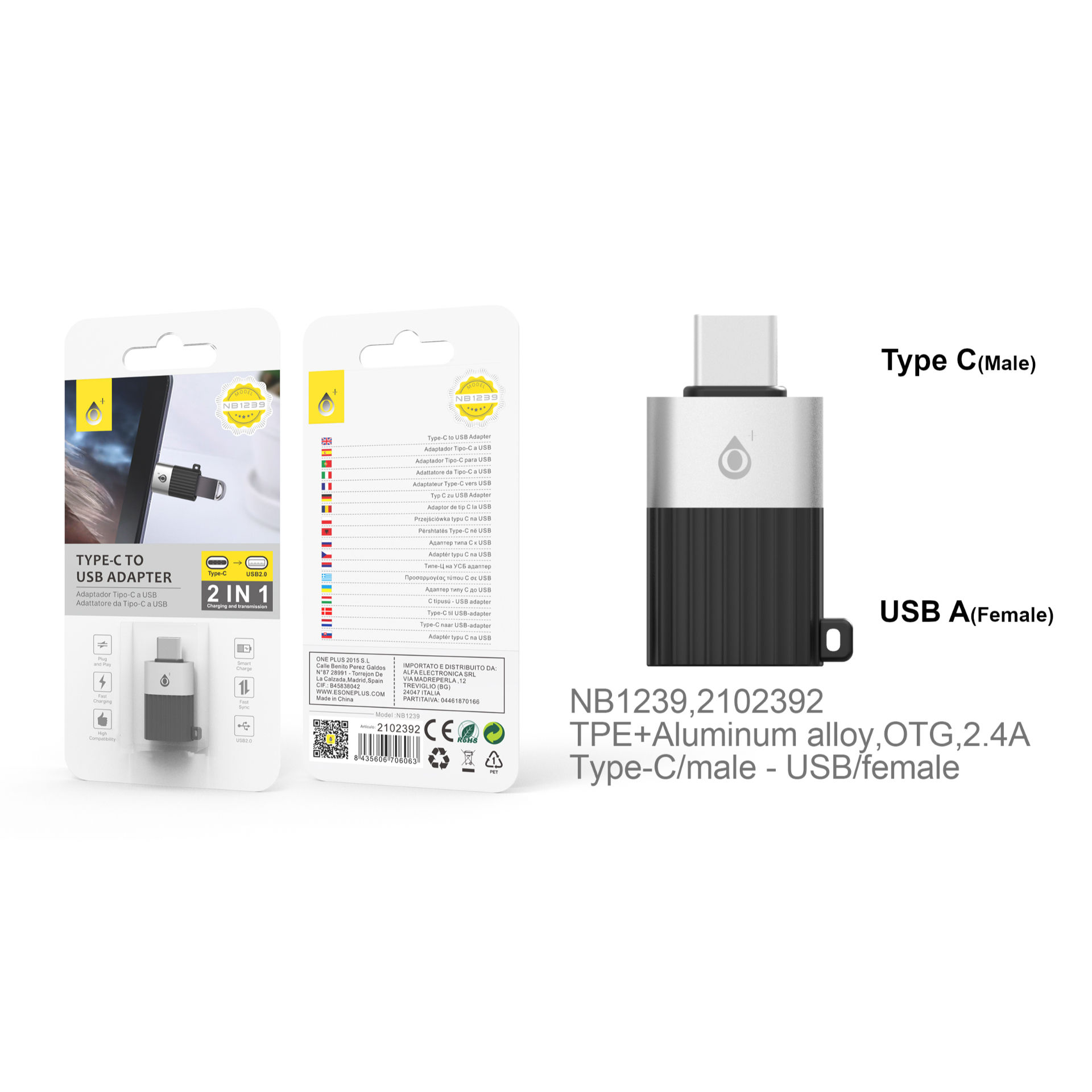 ONEPLUS NB1239 ADATTATORE OTG DA USB C A USB 2.4A NEROOne Plus