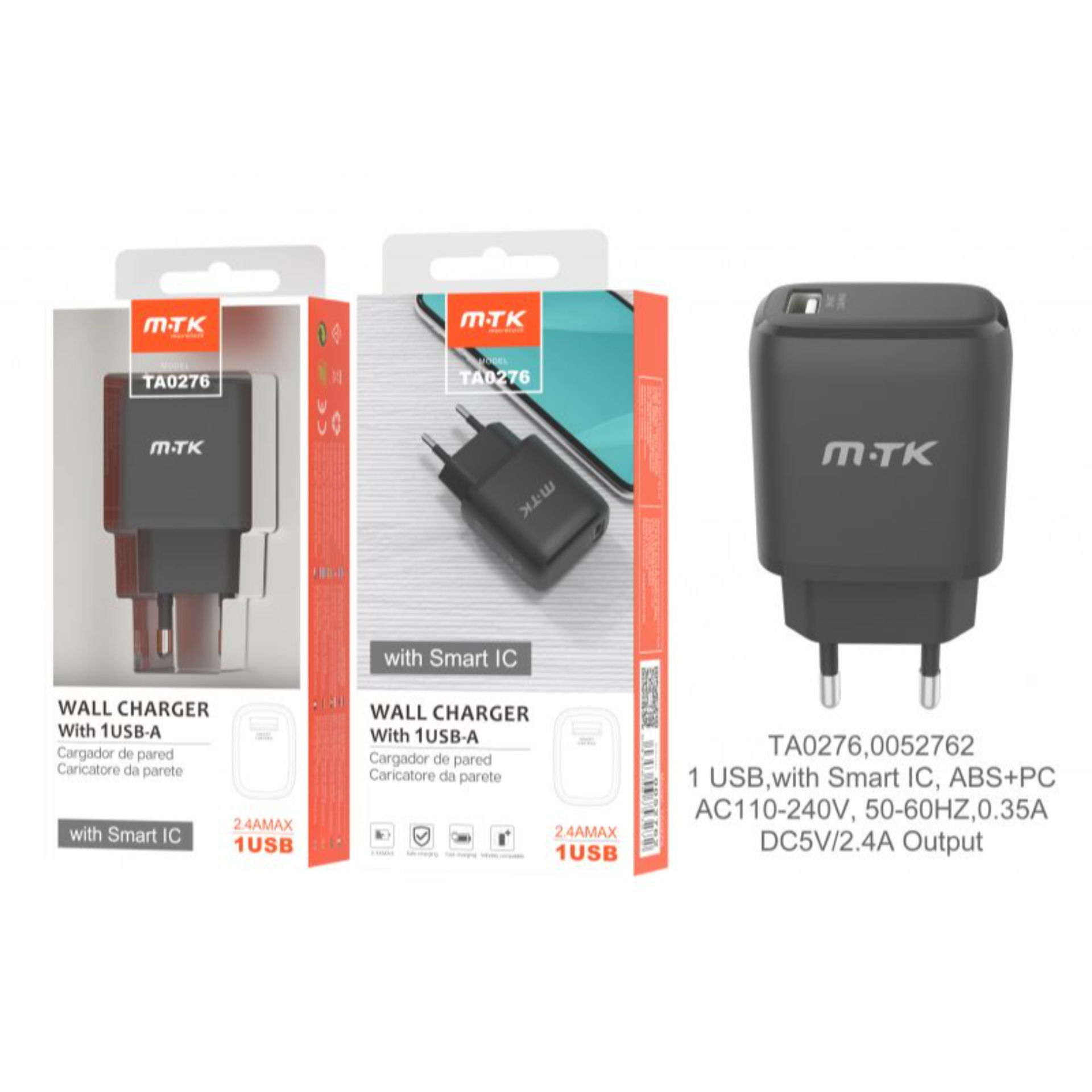 MTK CARICATORE USB A MURO CON USB 2.4A, NEROMTK